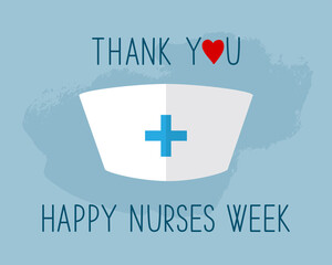 Happy Nurses Week medical vector concept. Female uniform and thank you text with red heart on blue background. National Nurses Week greeting card.