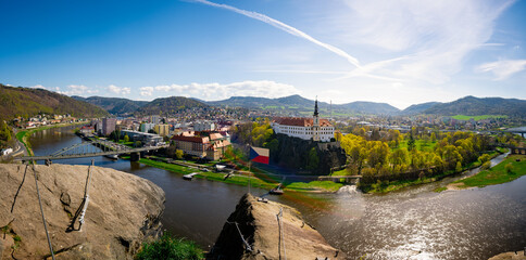 Panorama of Decin city with river Elbe river (Labe), Czech republic