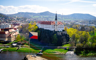 Panorama of Decin city with river Elbe river (Labe), Czech republic