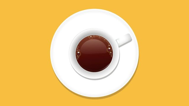 cup of coffee top view on yellow background. Animated pattern