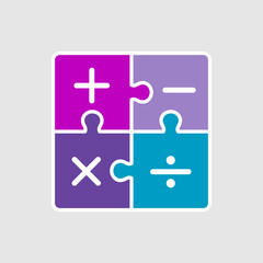 Obraz premium Math puzzle symbol. STEM science concept. Colorful mathematics jigsaw puzzle pieces. Plus, minus, divide, multiply sign. Accountant logo template. Arithmetic. Vector illustration, flat, clip art. 