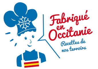 Logo fabriqué en Occitanie, chef avec toque, recettes  de cuisine de notre terroir.