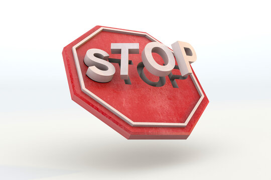 Stop sign for traffic with floating letters with isolated background. 3d render