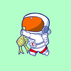 cute cartoon astronaut with ketupat in front of it