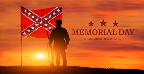 Confederate flag and soldier on sunset background. Confederate heroes day.