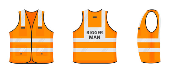 Safety reflective vest with label Rigger man tag flat style design vector illustration set. Orange fluorescent security safety work jacket with reflective stripes. Front, side, back view uniform vest.