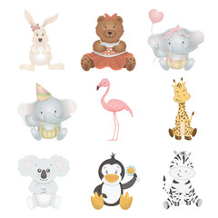 Cute vector set of baby animals: rabbit, bear, elephant, flamingo, giraffe, zebra, penguin, koala.
