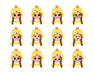 Set of girl avatar with big eye, wide smile and different emotions in cute yellow chicken hat. Head of child with happy face for holiday Easter, carnival costume for party. Vector flat illustration