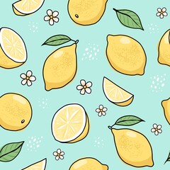 Lemon hand drawn seamless pattern. Vector illustration in doodle style