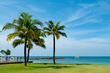 Fototapeta premium Beach view with palm trees from Thailand Khao Lak