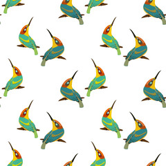 Obraz premium Blue atthis bird or common kingfisher vector illustration isolated on white seamless pattern. Small bird with long beak and blue feather cartoon vector. Alcedo atthis small kingfisher paradie bird.