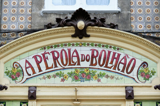 Porto, Portugal. june 18, 2014: advertising and sign of A Perola do Bolhao grocery store. This shop is decorated in the Art-Nouveau style
