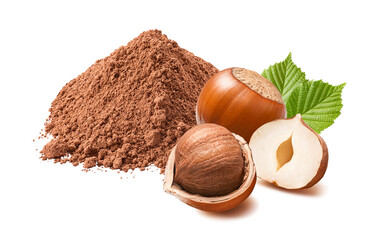 Hazelnuts and pile of cocoa powder isolated on white background
