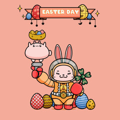 Celebrating Easter, doddle bunny mascot with an outline, in a kawaii style. easter bunny cartoon illustration in astronaut suit holding chubby cute bunny with a stick and clover 4 leaf