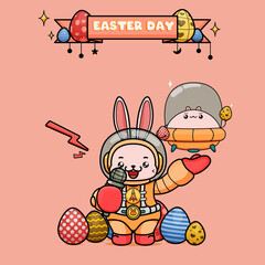 Celebrating Easter, doddle bunny mascot with an outline, in a kawaii style. easter bunny cartoon illustration in astronaut suit holding a ufo chubby bunny with egg, and microphone