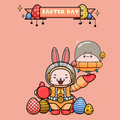 Fototapeta premium Celebrating Easter, doddle bunny mascot with an outline, in a kawaii style. easter bunny cartoon illustration in astronaut suit holding a ufo chubby bunny with egg, and showing ok sign