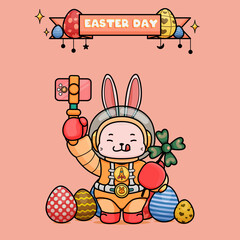 Celebrating Easter, doddle bunny mascot with an outline, in a kawaii style. easter bunny cartoon illustration in astronaut suit holding a smartphone for vlogging adn clover leaf