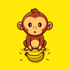 Cute Monkey Finding Banana Cartoon Vector Icon Illustration. Animal Food Icon Concept Isolated Premium Vector. Flat Cartoon Style