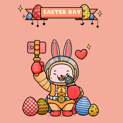 Celebrating Easter, doddle bunny mascot with an outline, in a kawaii style. easter bunny cartoon illustration in astronaut suit holding a smartphone up head for vlogging and microphone