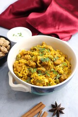Soya chunks Biryani. Basmati rice cooked with Soyabean or Soya vadi along with spices and vegetables. It's a complete protein rich and nutritious one pot meal. Copy space