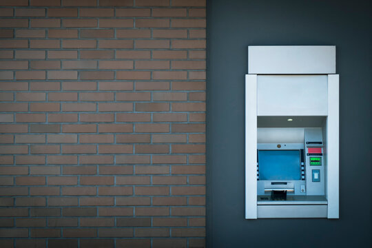 ATM, automated teller machine on the wall. Banking machine, cash point atm near shopping center entrance