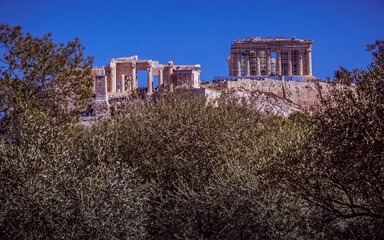 Parthenon ancient temple on Acropolis of Athens Greece, under clear blue sky, with space for your...