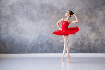 A cute little girl dreams of becoming a professional ballerina. A girl in a bright red tutu on pointe shoes dances in the hall. Vocational school student.