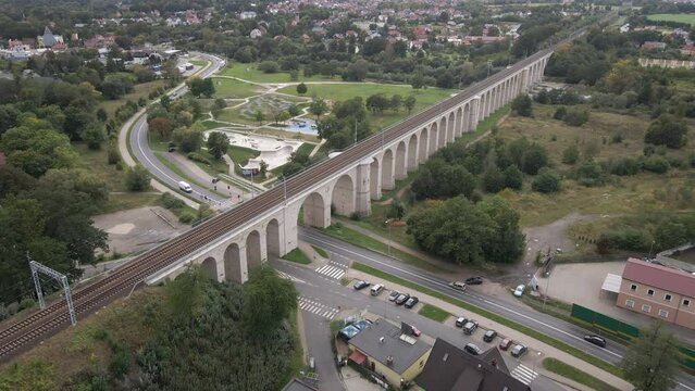 Aerial view of the railway viaduct over the Bobr River and skatepark in Bolesławiec, Lower Silesia, Poland