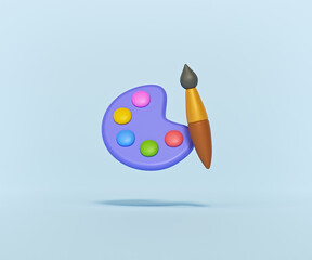 3d render Painter palette and paint brush icon isolated design.