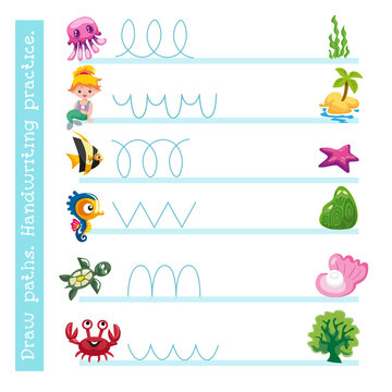 Educational game for children. Draw paths. Handwriting practice. Cute cartoon underwater characters. Vector illustration.
