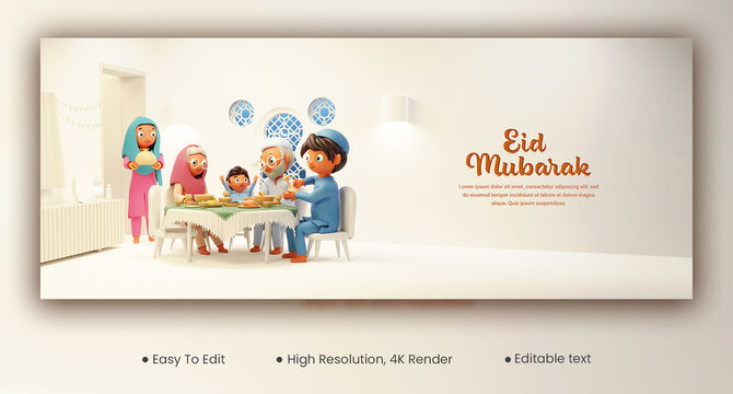 Eid Mubarak Celebration Banner Or Header Design With 3D Style Islamic Family Enjoying Delicious Foods At Dining Table.
