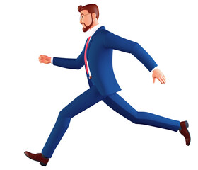 3d render. Man in glasses wearing a blue suit runs. Businessman cartoon character in a hurry, simply business career clipart isolated on white background..