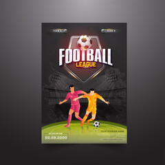 Football League Flyer Design With Footballer Players Of Participating Countries On Black Stadium View.