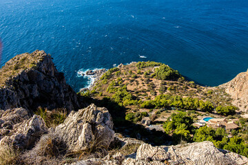 Cliffs of Maro Cerro Gordo Natural Park, near Maro and Nerja, Malaga province, Costa Del Sol, Spain. - obrazy, fototapety, plakaty