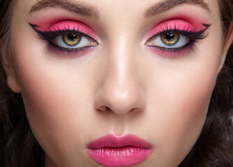 Closeup macro shot of human female face with pink makeup