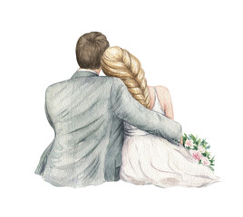 Just married couple. Watercolor hand drawn illustration. Wedding romantic graphics. Bride and groom