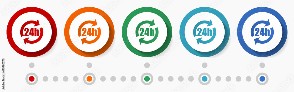 Poster 24h service concept vector icon set, flat design colorful buttons, infographic template in 5 color o