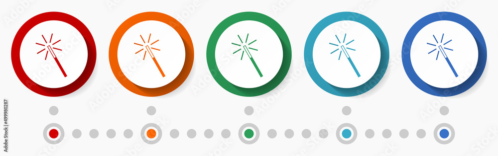 Poster magic wand, wizard concept vector icon set, flat design colorful buttons, infographic template in 5 