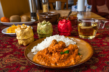 Indian chicken tikka masala, rice, 3 spice box, tea.
