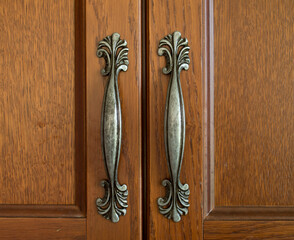 Two decorative verticalmetal handles for brown cabinet doors close