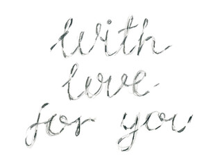 Hand-drawn graphite pencil sketch of stitch embroidery, for you with love. Freehand pencil drawing isolated on white.