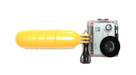 3D rendering. Action camera in orange waterproof case isolated on light background
