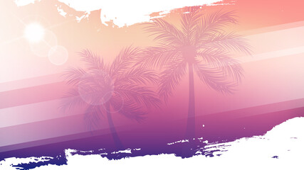 Summertime violet background with palm trees, summer sun and white brush strokes for your season graphic design. Hot Sunny Days. Vector illustration.