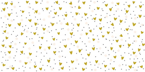 Seamless pattern background with stars hearts and dots, vector drawing, gold and pink colors
