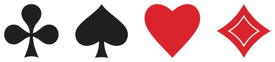 Spielkarten Symbol Set Vektor in schwarz und rot. Herz, Kreuz, Pik und Karo Illustration. Weißer isolierter Hintergrund. - obrazy, fototapety, plakaty