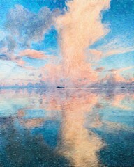 Nature landscape painting in oil pictorial art, famous travel and tourism place, outdoor vacation trend print for poster, paper, textile or canvas. Modern fine arts design wallpaper. Wall art drawing
