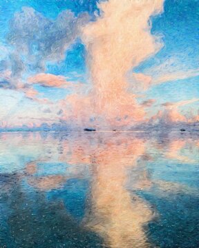 Naklejki Nature landscape painting in oil pictorial art, famous travel and tourism place, outdoor vacation trend print for poster, paper, textile or canvas. Modern fine arts design wallpaper. Wall art drawing