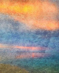 Nature landscape painting in oil pictorial art, famous travel and tourism place, outdoor vacation trend print for poster, paper, textile or canvas. Modern fine arts design wallpaper. Wall art drawing