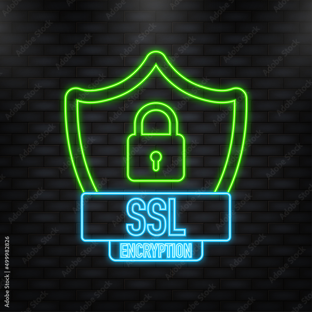 Poster neon icon. ssl encryption secure badge on white background. green banner. vector illustration