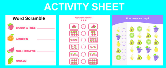 Activity sheet for children. Educational printable worksheet. Fruits worksheet theme. Motor skills education. Vector illustrations.